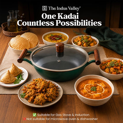 Titanium Reinforced Enamel Coated Cast Iron Kadai, 24.9 cm / 2.3L, Glass Lid, Toxin-Free, Induction & Gas Compatible