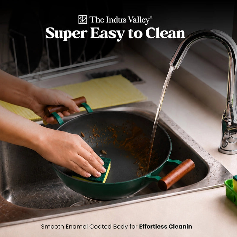 Titanium Reinforced Enamel Coated Cast Iron Kadai, 24.9 cm / 2.3L, Glass Lid, Toxin-Free, Induction & Gas Compatible