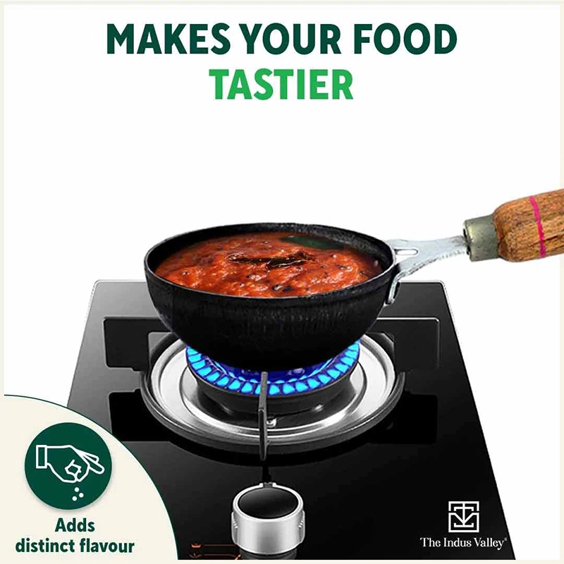 100% Pure Sheet Iron Tadka Pan 0.8/0.43ml with Wooden/Silicone Handle, Seasoned, Toxin-free