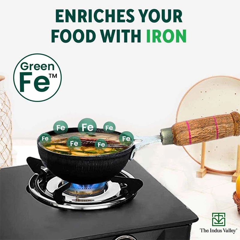 100% Pure Sheet Iron Tadka Pan 0.8/0.43ml with Wooden/Silicone Handle, Seasoned, Toxin-free
