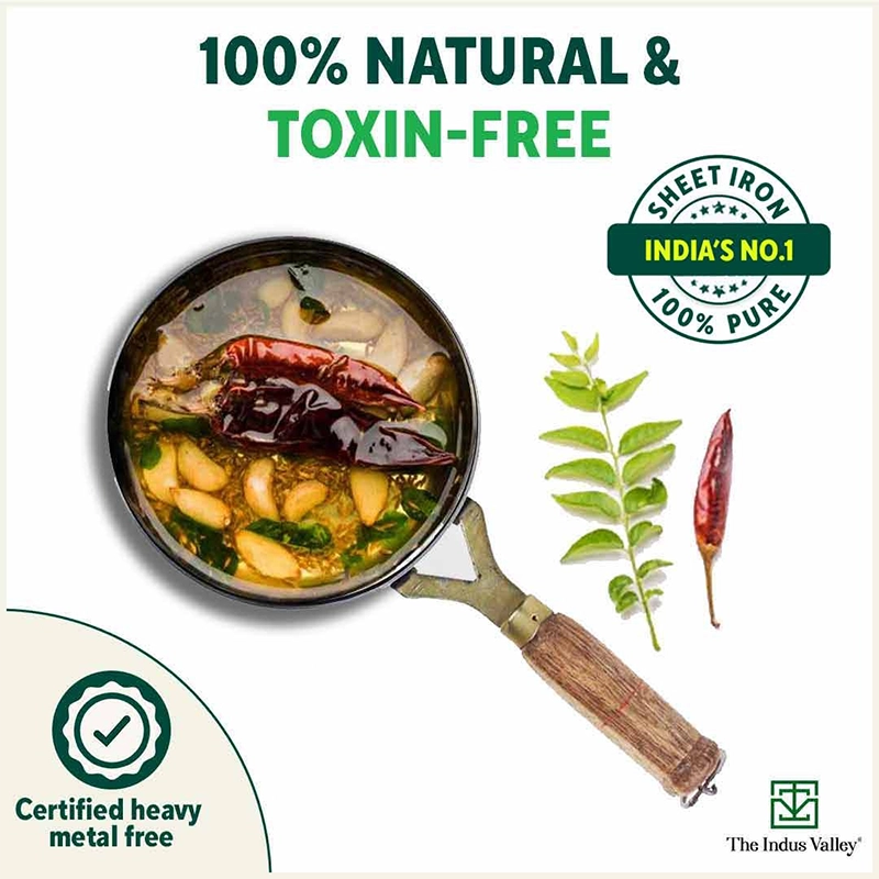 100% Pure Sheet Iron Tadka Pan 0.8/0.43ml with Wooden/Silicone Handle, Seasoned, Toxin-free