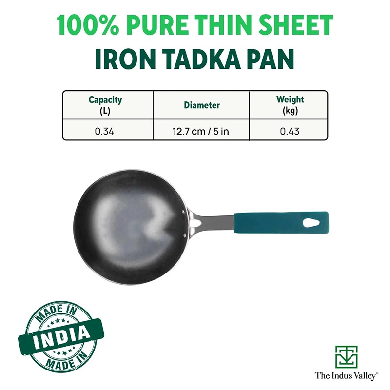 100% Pure Sheet Iron Tadka Pan 13.3cm, Silicone Handle, Seasoned, Toxin-free