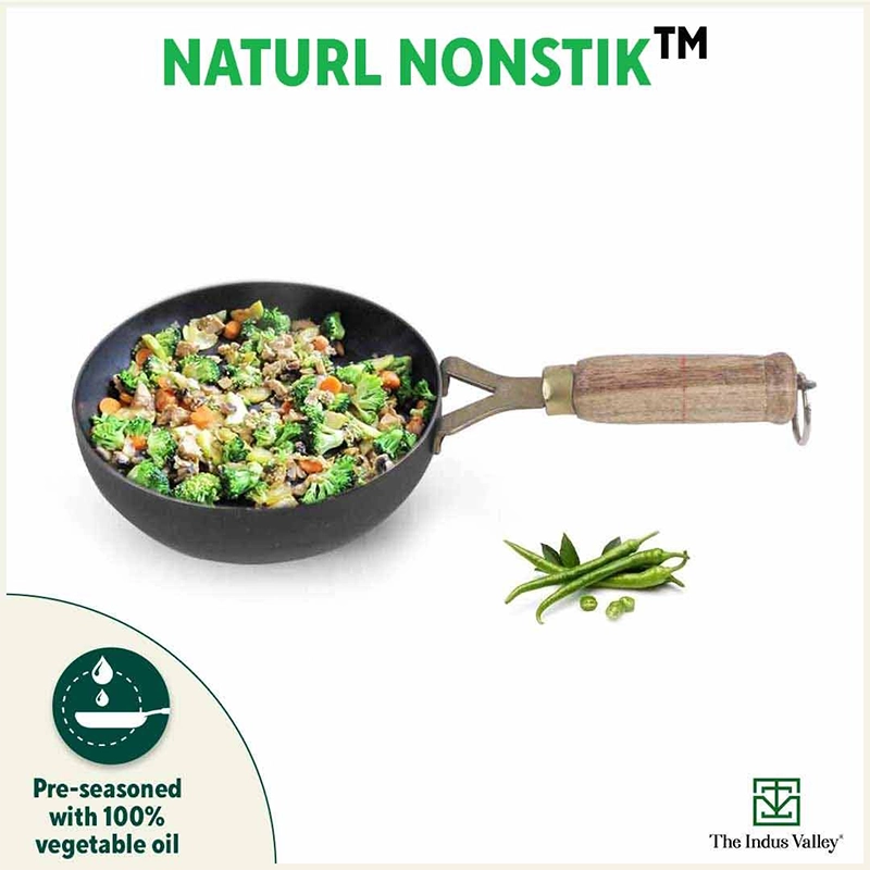 100% Pure Sheet Iron Tadka Pan 0.8/0.43ml with Wooden/Silicone Handle, Seasoned, Toxin-free