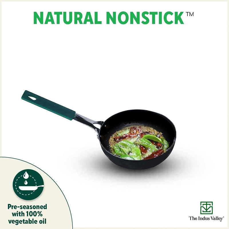 100% Pure Sheet Iron Tadka Pan 13.3cm, Silicone Handle, Seasoned, Toxin-free