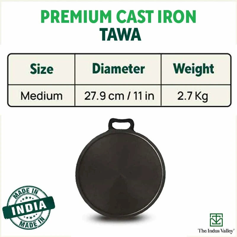 Super Smooth Cast Iron Tawa 11 Inch, Pre-Seasoned