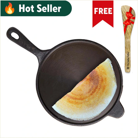 Super Smooth Cast Iron Tawa + Free ₹110 Spatula, Long Handle,Pre-seasoned, Nonstick, 100% Pure, Toxin-free, Induction, 26.3cm, 1.8kg