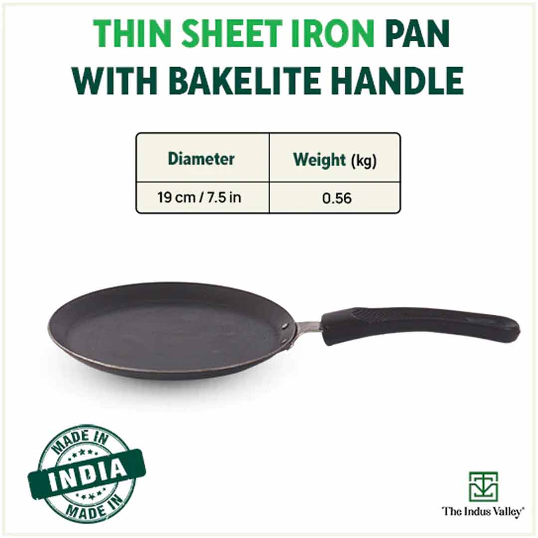 100% Pure Sheet Iron Omelette Tawa 19cm with Bakelite Handle, Seasoned, Toxin-free, Induction, 19cm, 0.56kg