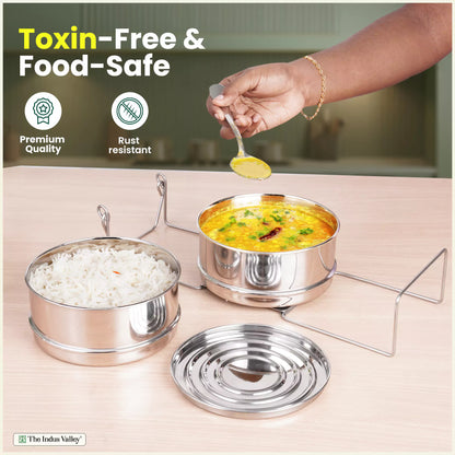 Stainless Steel Pressure Cooker Separator 2-tier Compatible with 3 Litres , Premium Quality, 100% Safe, 2 Containers With Lifter Stand, Stainless Steel