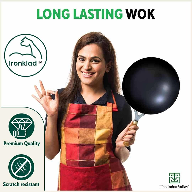 100% Pure Iron Wok 2.2/4.2L with Wooden Handle, Toxin-free Sheet Iron, Pre-seasoned 1/1.5kg