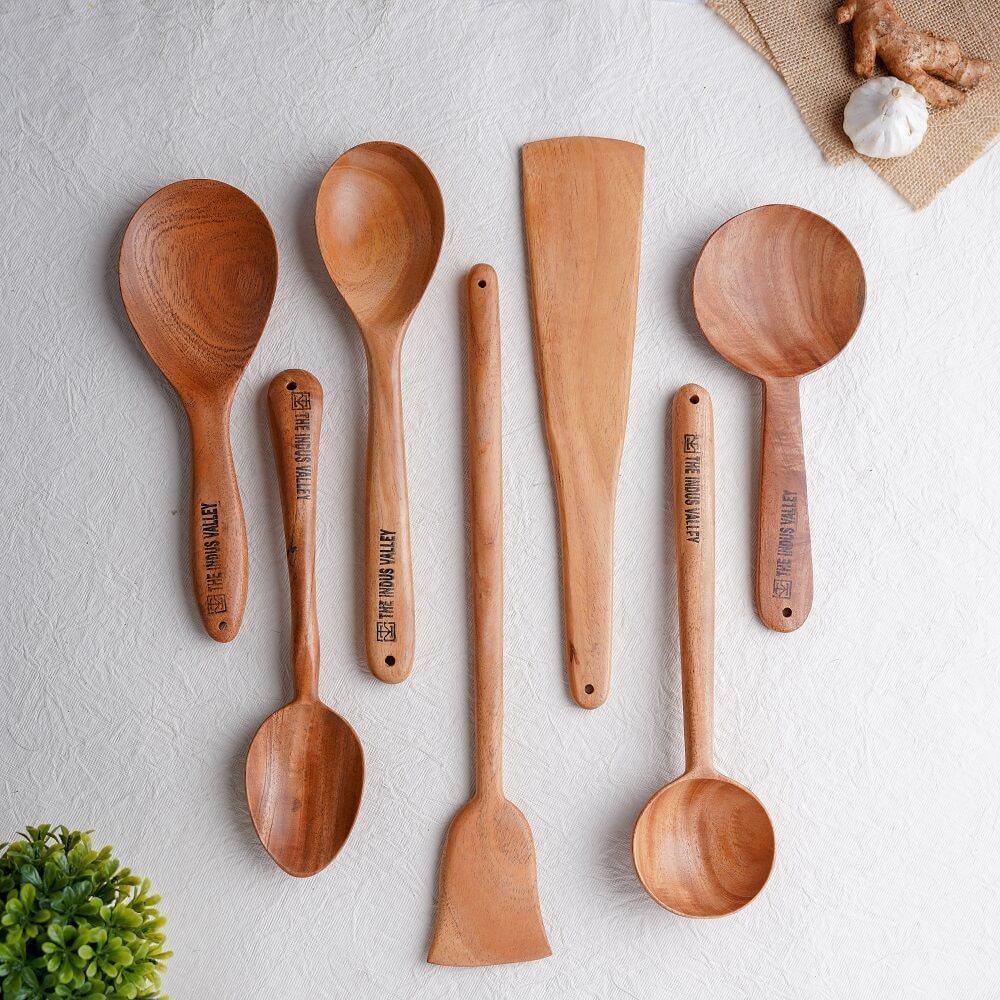 Neem Wood Handmade Cooking And Serving Spoons SET OF 7 Kitchen Spatula - The Indus Valley