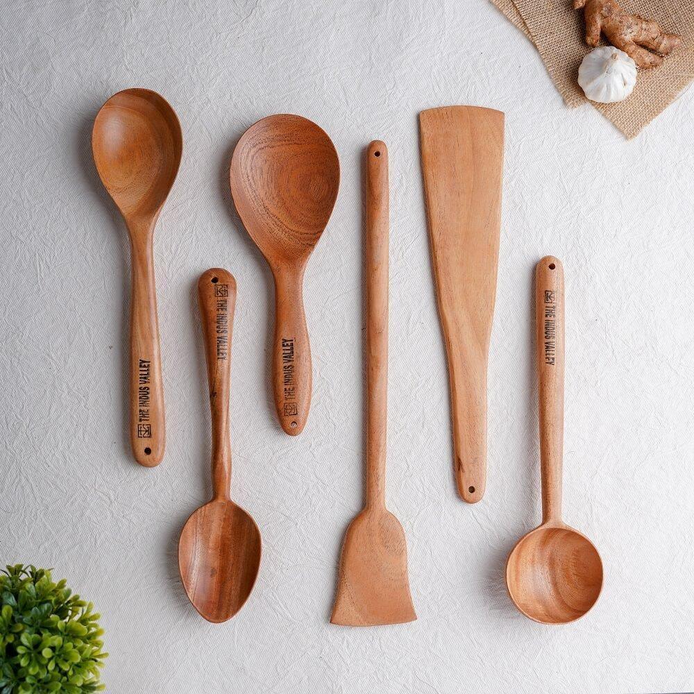 Neem Wood Spatula set for Cooking & Serving [Set of 6] (Oval Stir) - The Indus Valley