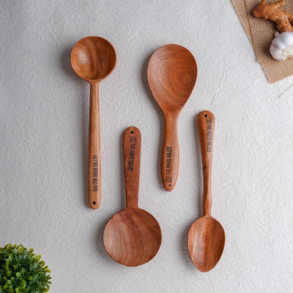 Neem Wood Spatulas for cooking & Serving – Thick, Long, Sturdy, Large [ Set of 4 ] - The Indus Valley