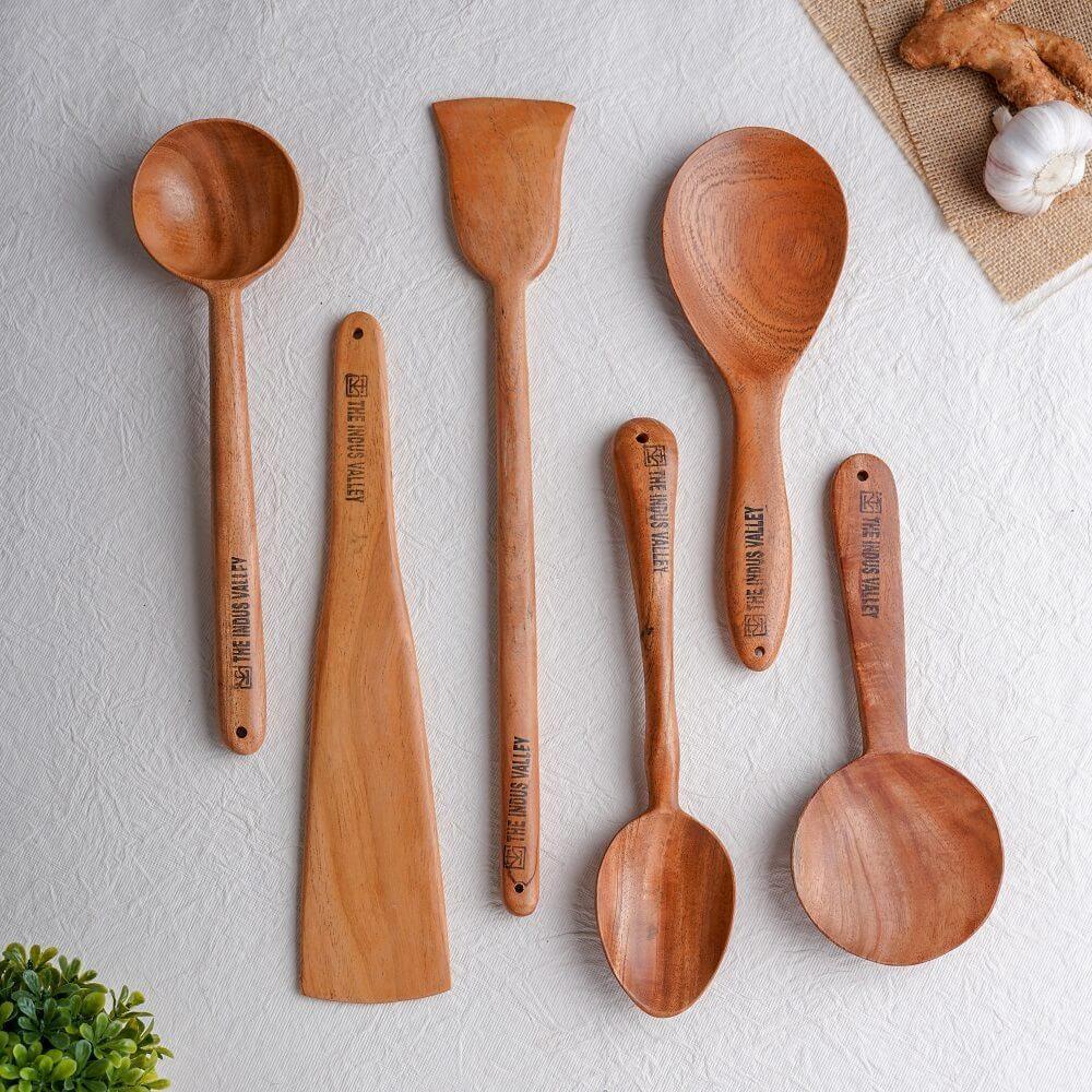 Neem Wood Spatulas for cooking & Serving – Thick, Long, Sturdy, Large [Set of 6] (Round Serve) - The Indus Valley