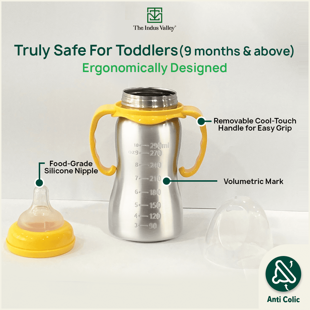 Stainless Steel Baby Feeding Bottle with Twin Handle Green 290 ml 9 Months Babies BPA free
