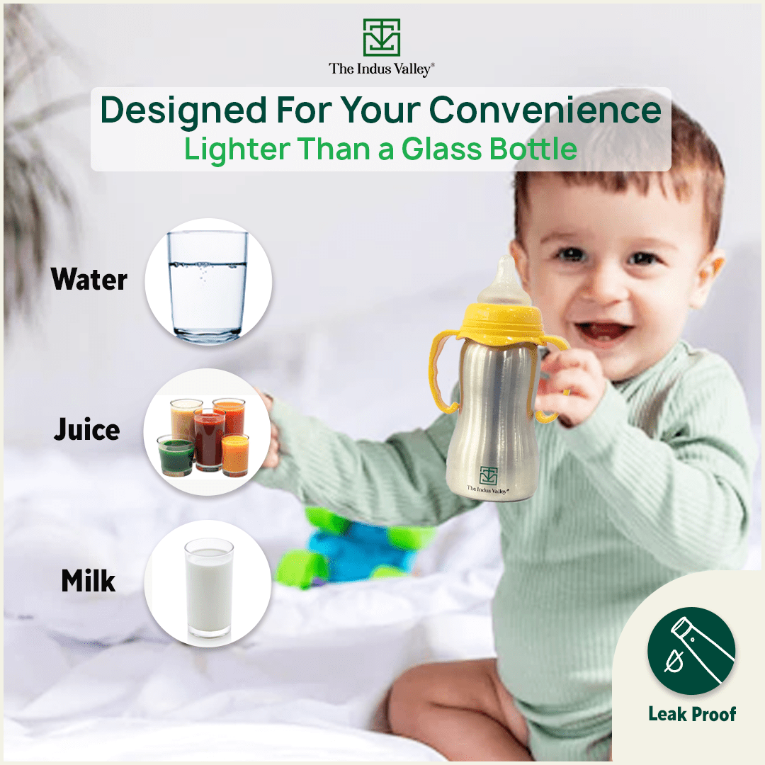 Stainless Steel Baby Feeding Bottle with Twin Handle, Green, 290 ml, 9+ Months Babies, BPA free