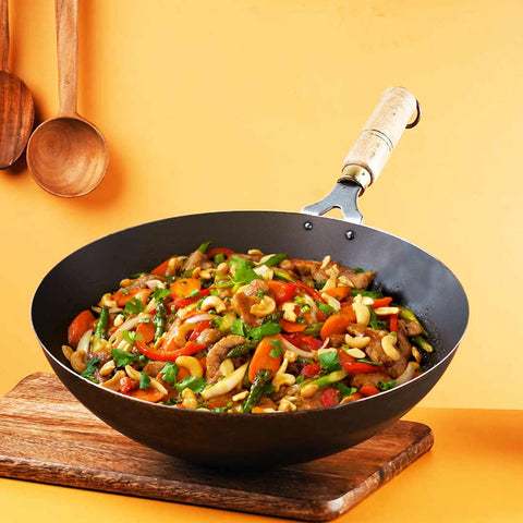 Buy Iron Chinese Wok with Wooden Handle Online at Best Price in India – The  Indus Valley